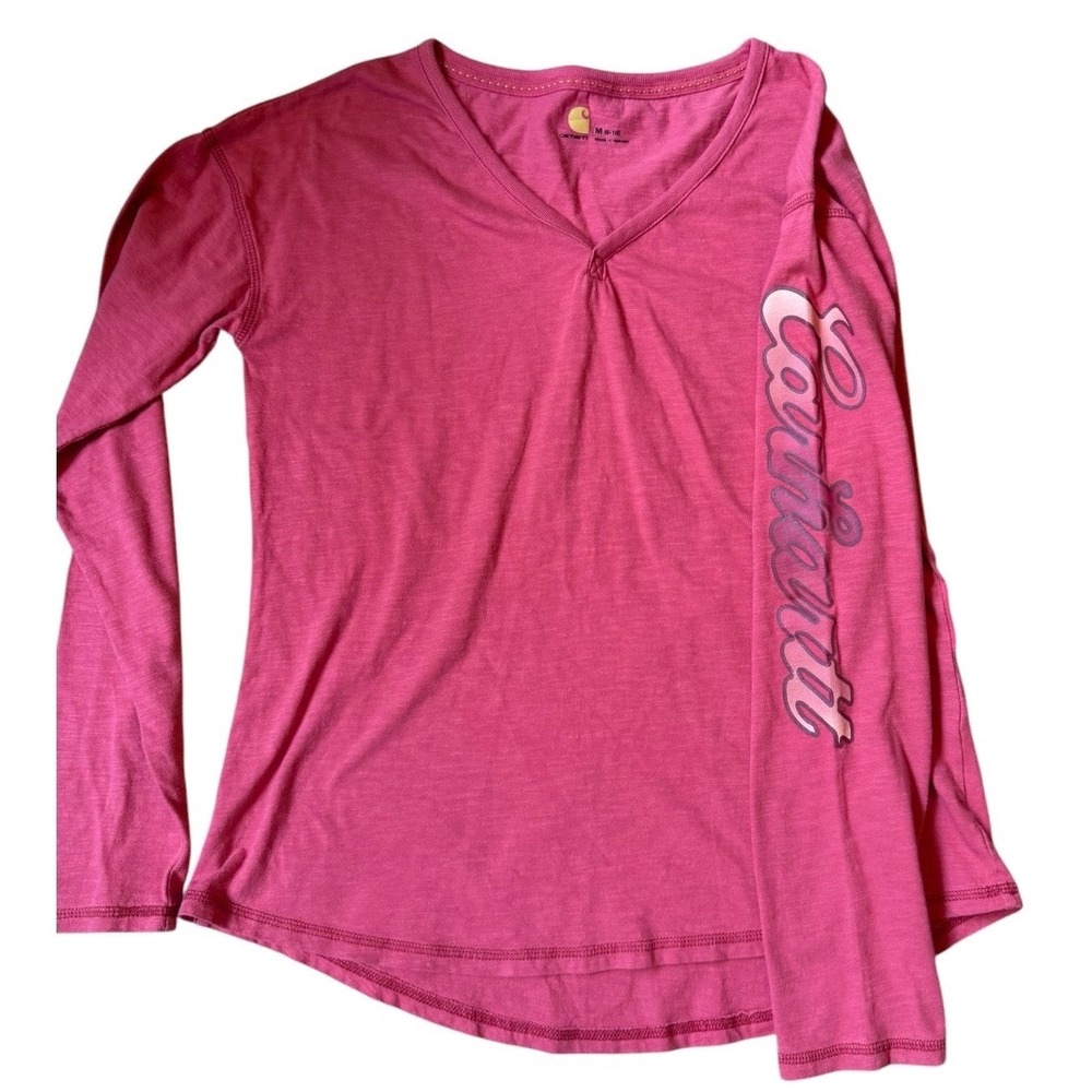 Carhartt Women Long Sleeve V-Neck T-Shirt Pink Graphic Sleeve Logo Cotton M 8-10